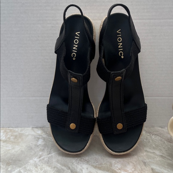 Vionic Black Woven Espadrille Wedge Sandals with Gold Studs - Picture 8 of 11